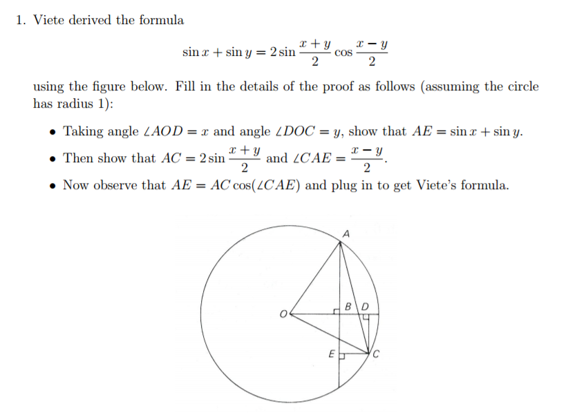 Solved Viete derived the formula sin x + sin y = 2 sin x + | Chegg.com