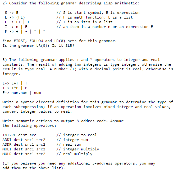 Consider the following grammar describing Lisp | Chegg.com