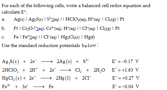 Solved For each of the following cells, write a balanced | Chegg.com