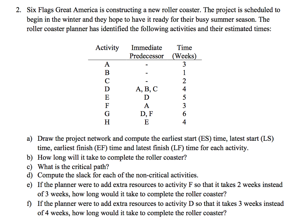 Solved 2. Six Flags Great America is constructing a new | Chegg.com