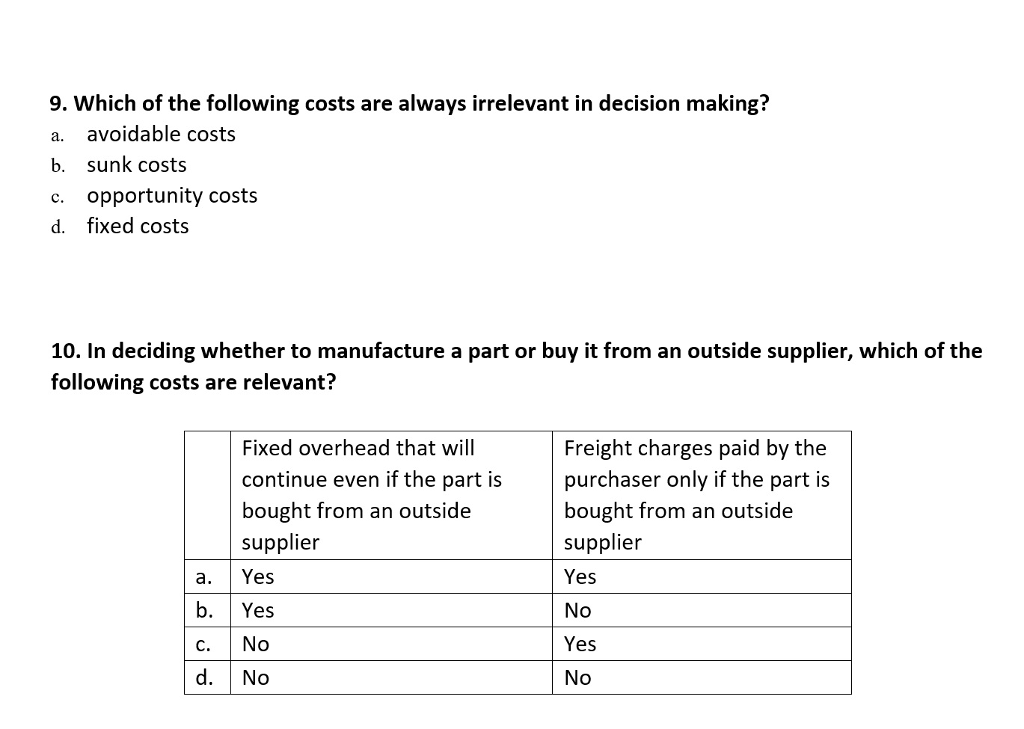 Solved Which of the following costs are always irrelevant in