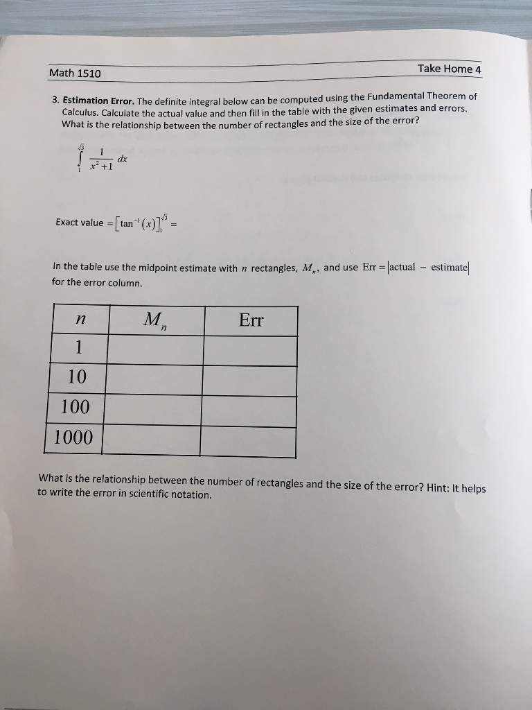 Solved Take Home 4 Math 1510 3. Estimation Error. The | Chegg.com