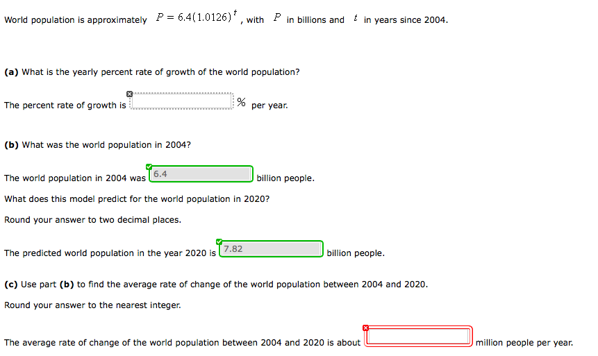 Solved World Population Is Approximately P = 6.4(1.0126)^t, | Chegg.com