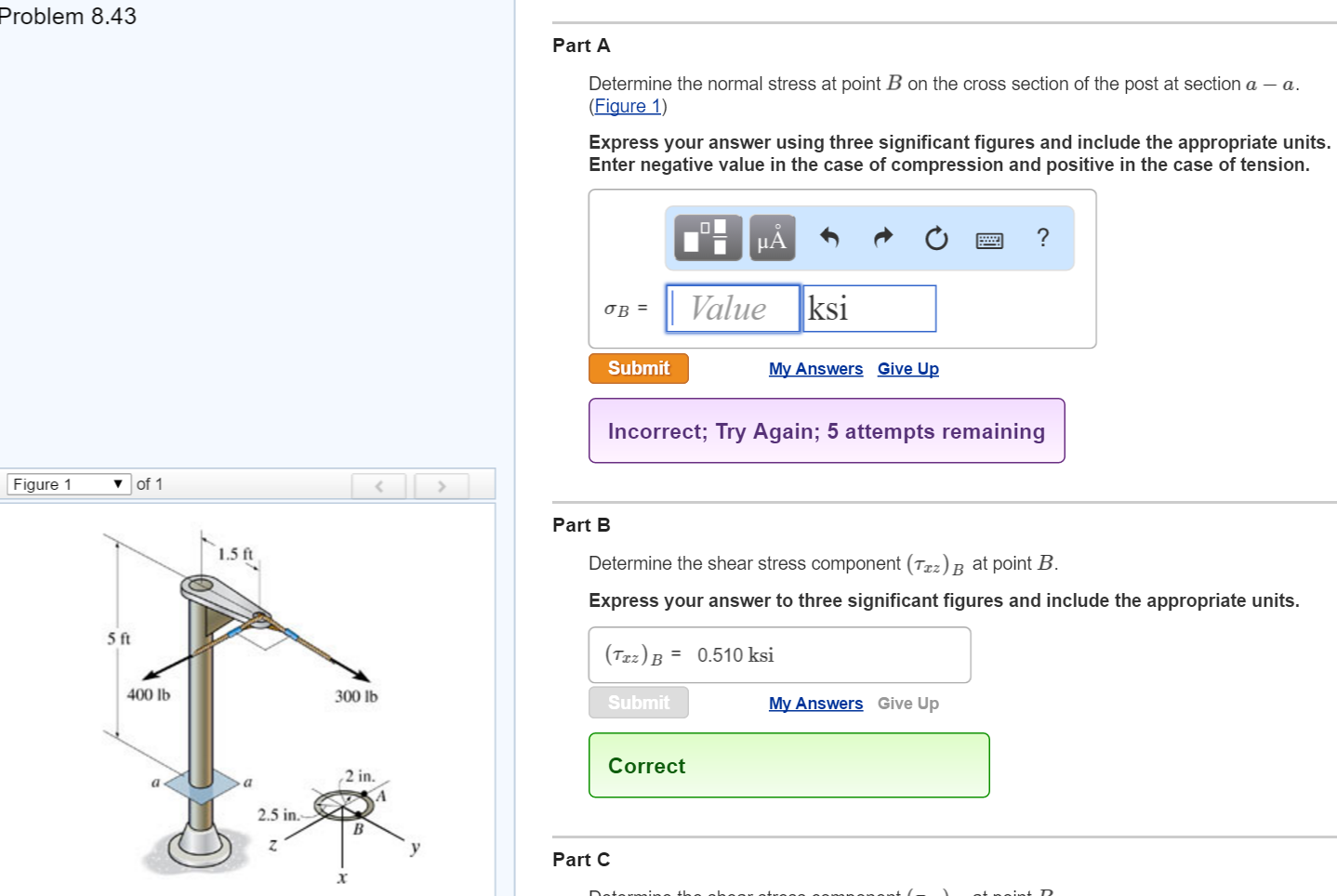 Solved Determine the normal stress at point B on the cross | Chegg.com