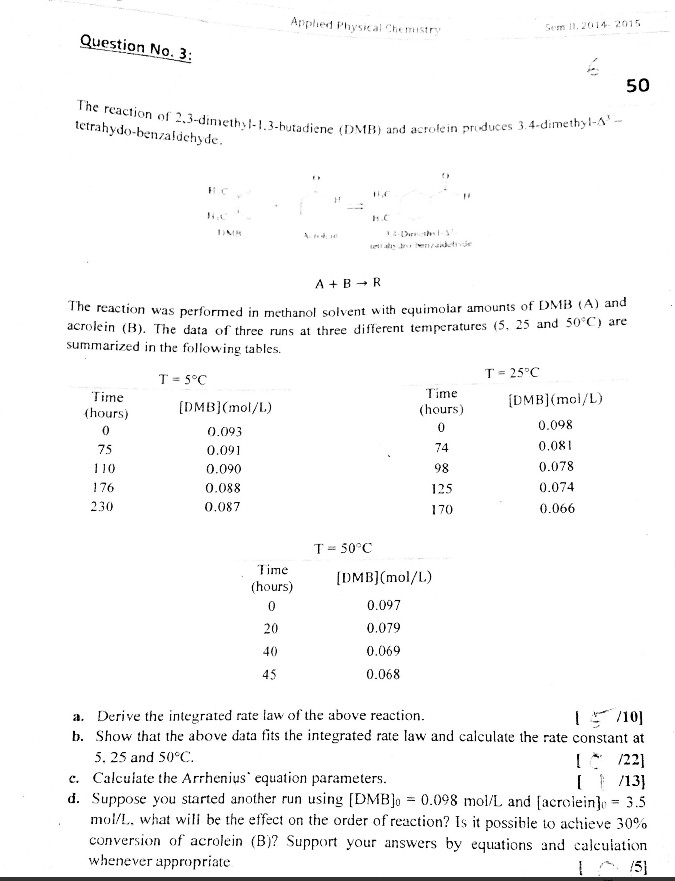 Solved Applhed Physal Cheistry e. 2014 2015 Question No. 3 | Chegg.com