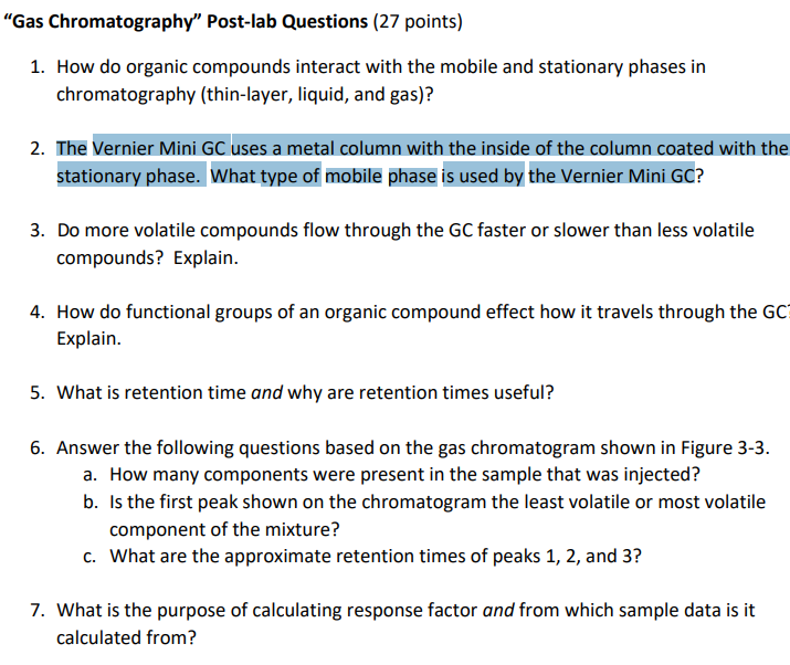 Solved "Gas Chromatography" Postlab Questions (27 points)