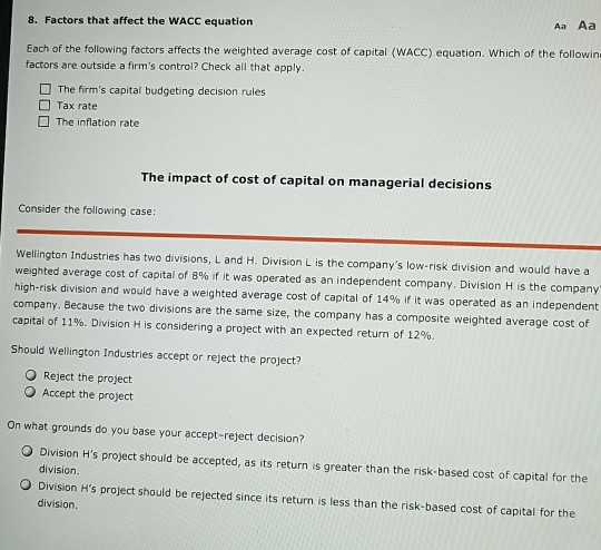 Solved Aa Aa 8. Factors that affect the WACC equation Each | Chegg.com