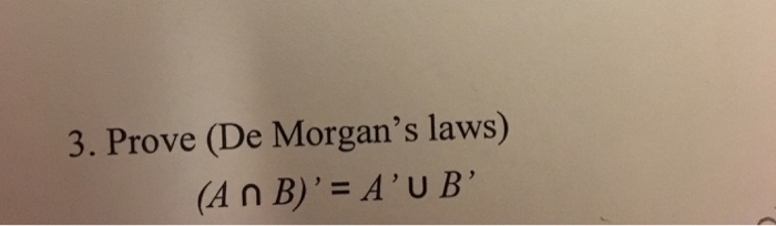 Solved Prove (De Morgan's laws) (A Intersection B)' = A' | Chegg.com