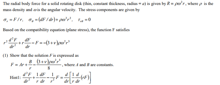 Solved The radial body force for a solid rotating disk | Chegg.com