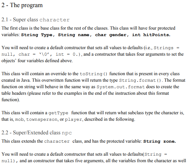 2 - The program 2.1 Super class character The first | Chegg.com