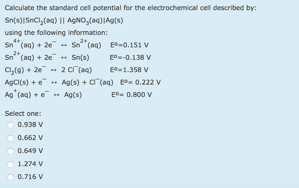 Solved Calculate the standard cell potential for the