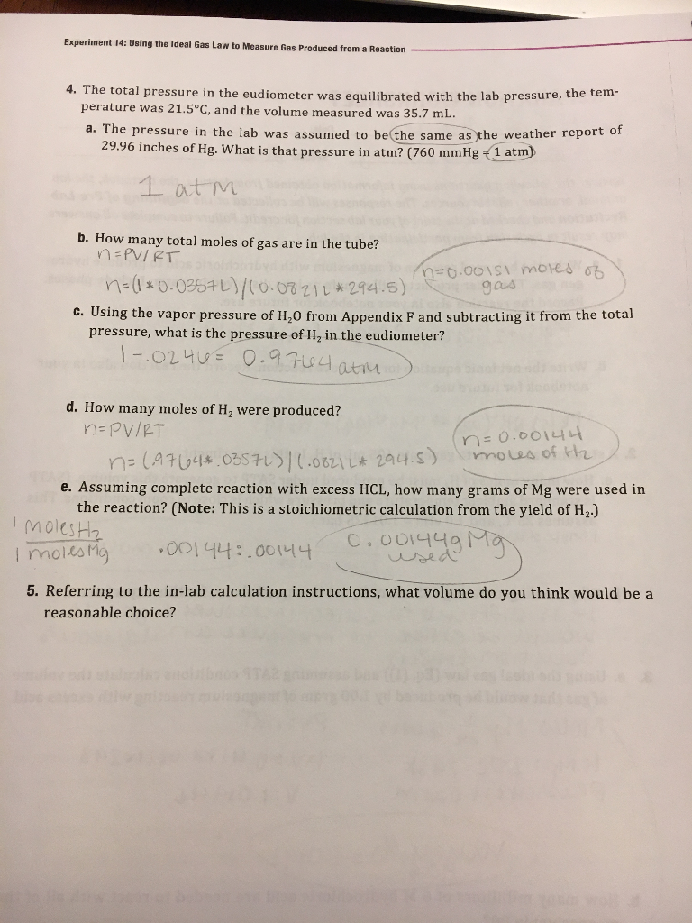 Solved Experiment 14 Using the Ideal Gas Law to Measure Gas