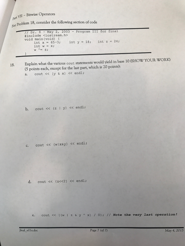 Solved Bitwise Operators For Problem 18, Consider The | Chegg.com