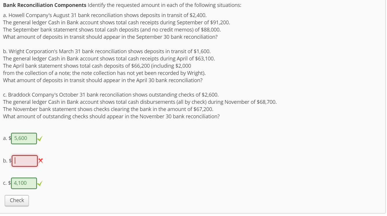 Solved Bank Reconciliation Components Identify The Requested | Chegg.com