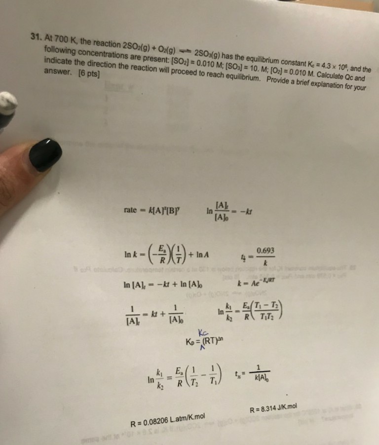 Solved 31. At 700 K, the reaction 2SO2(g) + O2(g)-2SO3(g) | Chegg.com