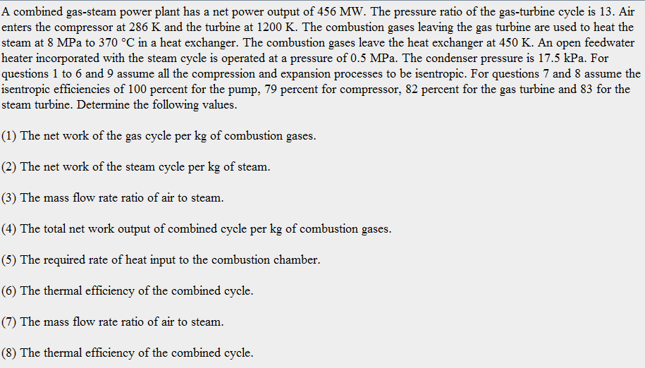 Solved A combined gas-steam power plant has a net power | Chegg.com
