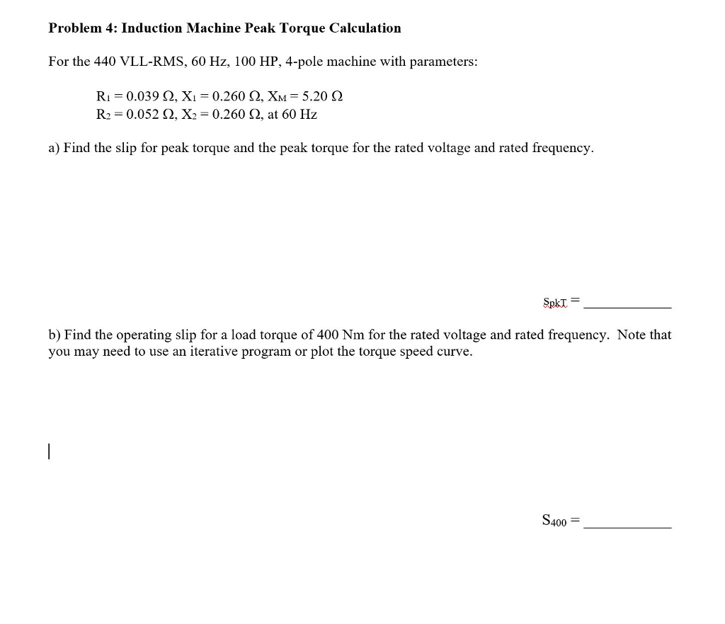 Solved Problem 4 Induction Machine Peak Torque Calculation