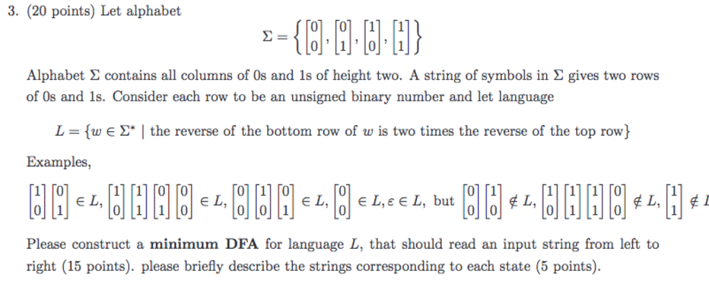 Solved Let alphabet Sigma = { [0 0], [0 1], [1 1]} | Chegg.com