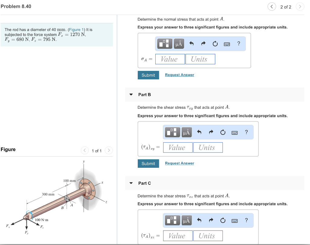 Solved Problem 8.40 K2 of 2> Determine the normal stress | Chegg.com