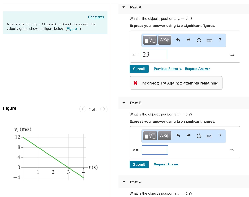 Solved Part A Constants What is the object's position at t | Chegg.com