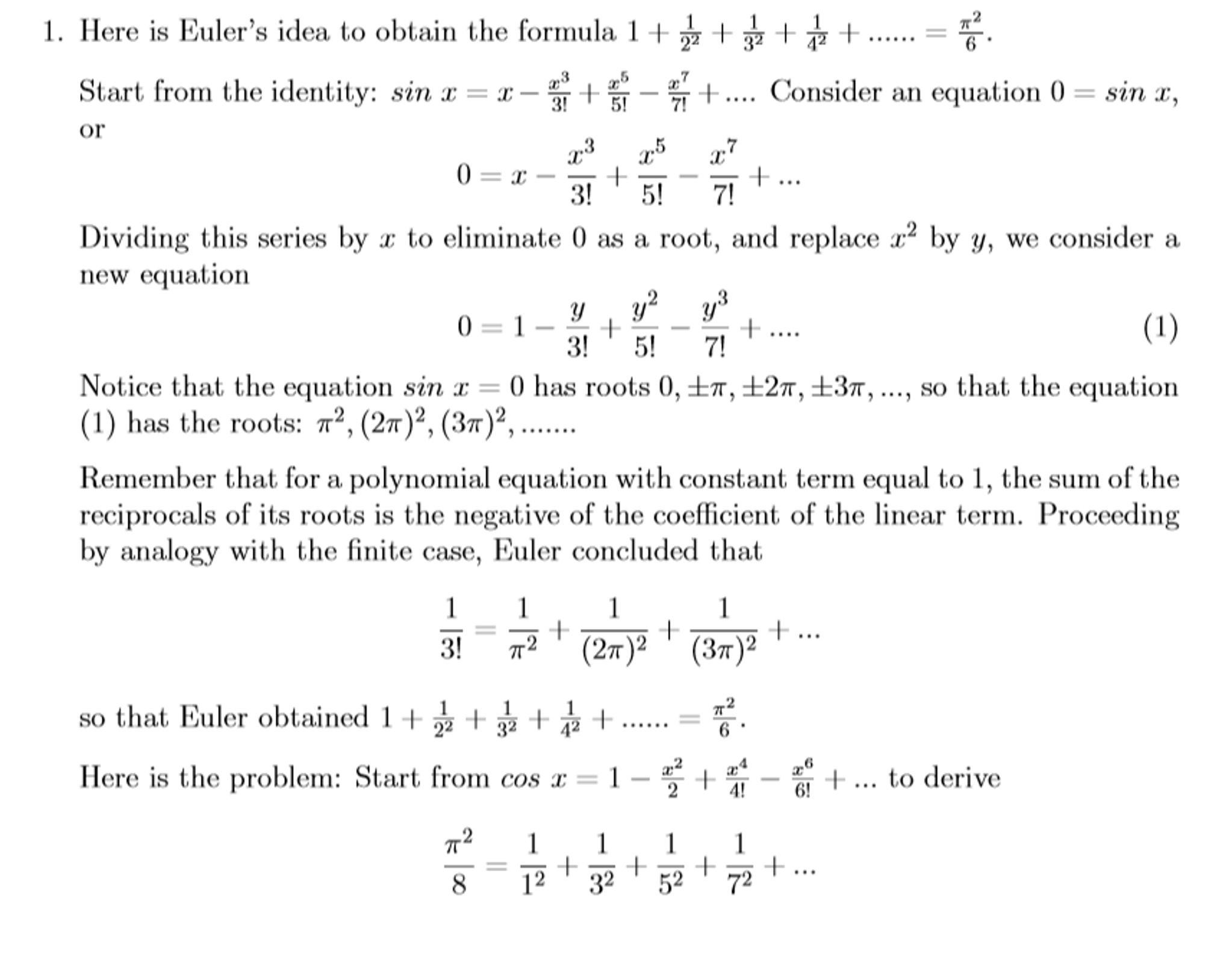 Here is Euler's idea to obtain the formula 1 + 1/2^2 | Chegg.com