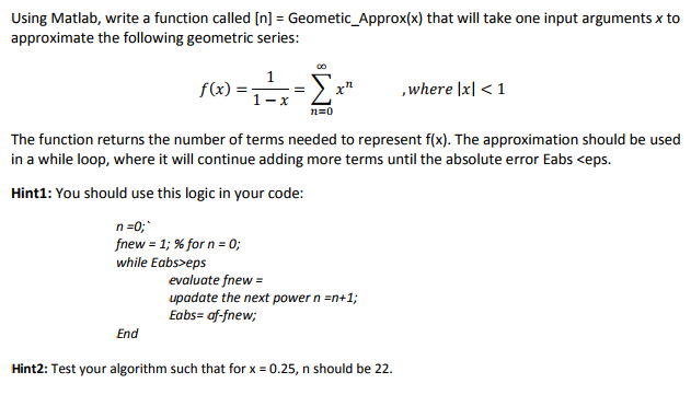 Solved Using Matlab, write a function called [n] = | Chegg.com