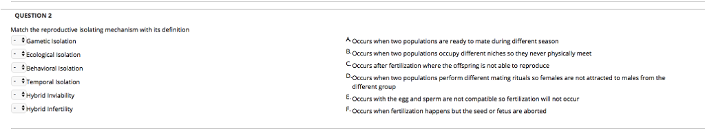 Solved QUESTION 2 Match the reproductive isolating mechanism | Chegg.com