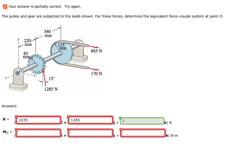 The pulley and gear are subjected to the loads shown.