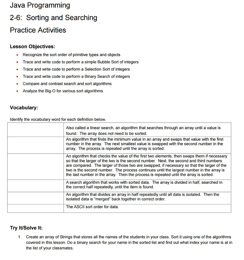 Solved Java Programming 2-6: Sorting and Searching Practice | Chegg.com