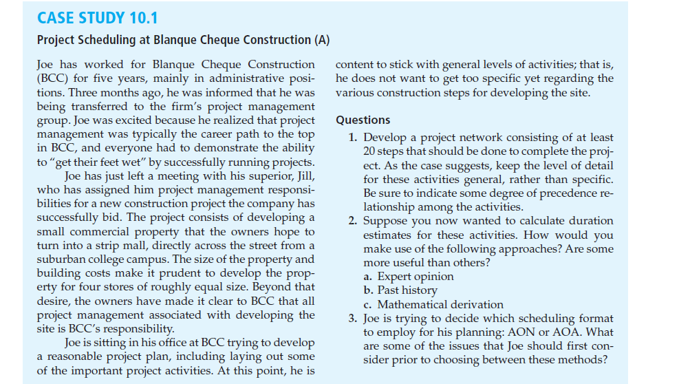 case study 10 1 project scheduling at blanque cheque construction