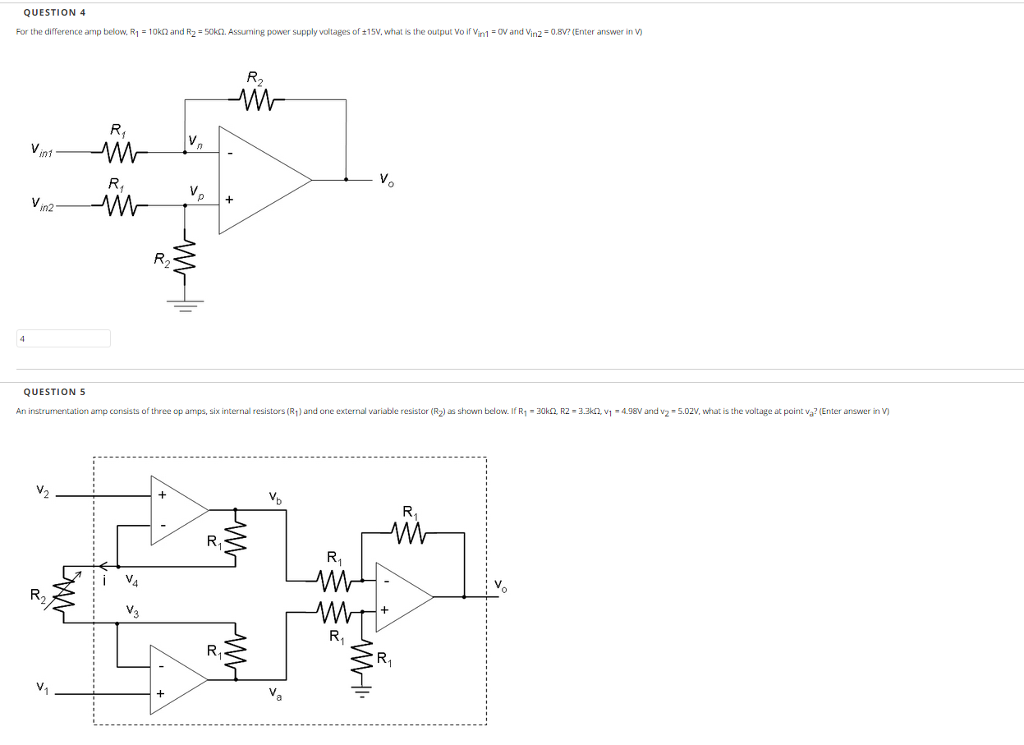Solved For the difference amp below, R1 = 10kΩ and R2 = | Chegg.com