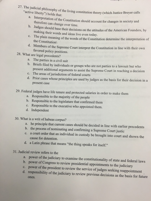 Solved 27. The judicial philosophy of the living | Chegg.com