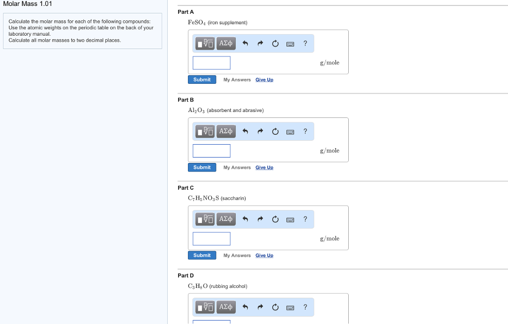 Solved Molar Mass 1 01 Part A Calculate The Molar Mass For Chegg