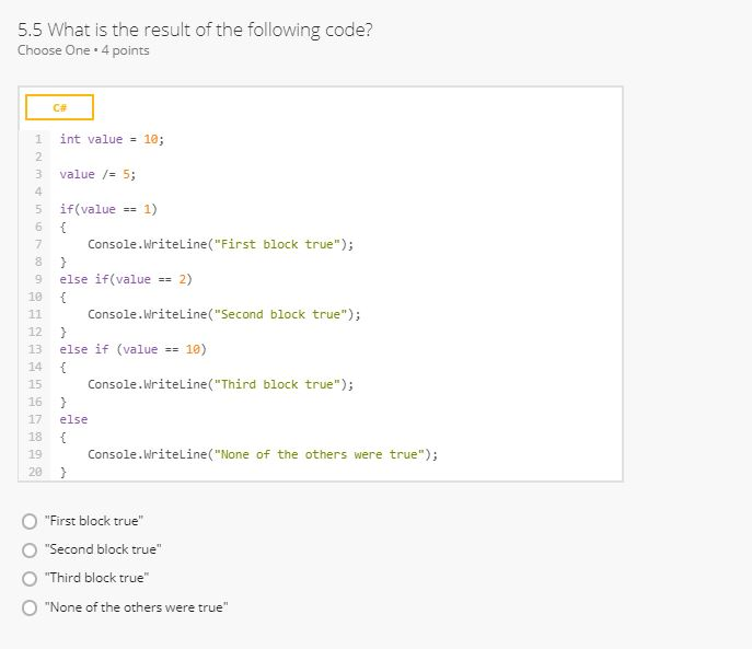 Solved 5.5 What is the result of the following code? Choose | Chegg.com