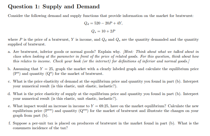 Solved Question 1: Supply and Demand Consider the following | Chegg.com