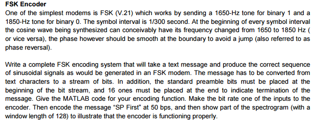 Solved FSK Encoder One of the simplest modems is FSK (V.21) | Chegg.com