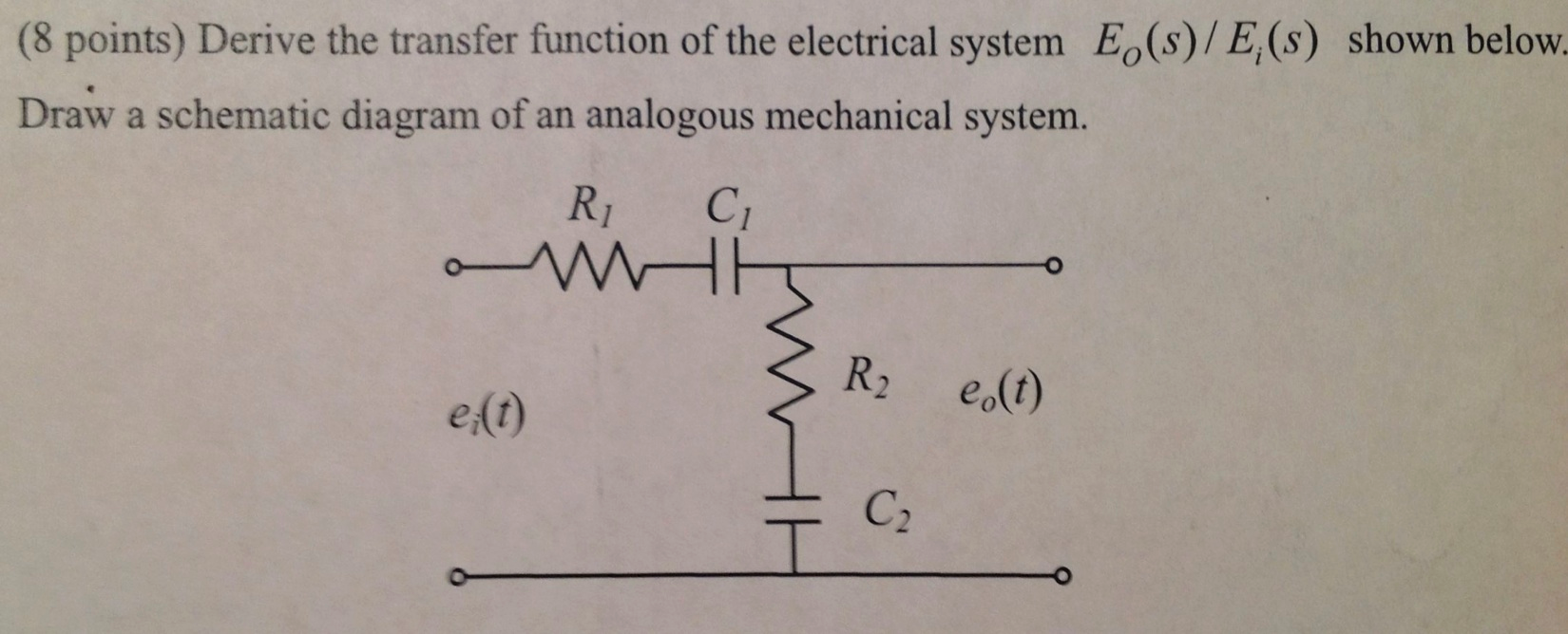 Derive the transfer function of the electrical system