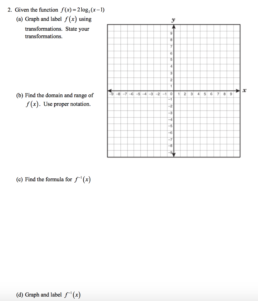 Solved 2. Given the function f(x)= 2 log,(x-1) (a) Graph and | Chegg.com