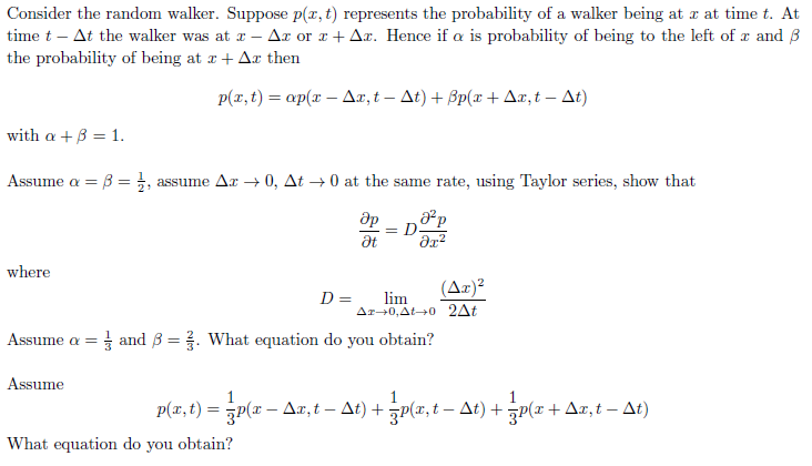 Consider the random walker. Suppose p(x, t) | Chegg.com