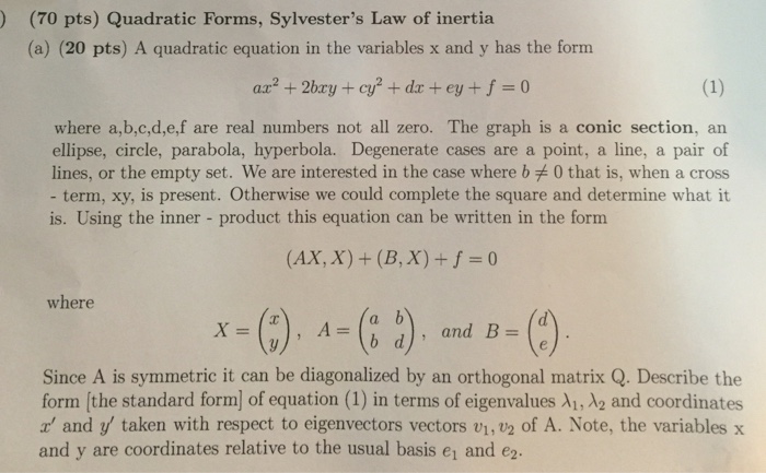 Solved (70 pts) Quadratic Forms, Sylvester's Law of inertia | Chegg.com