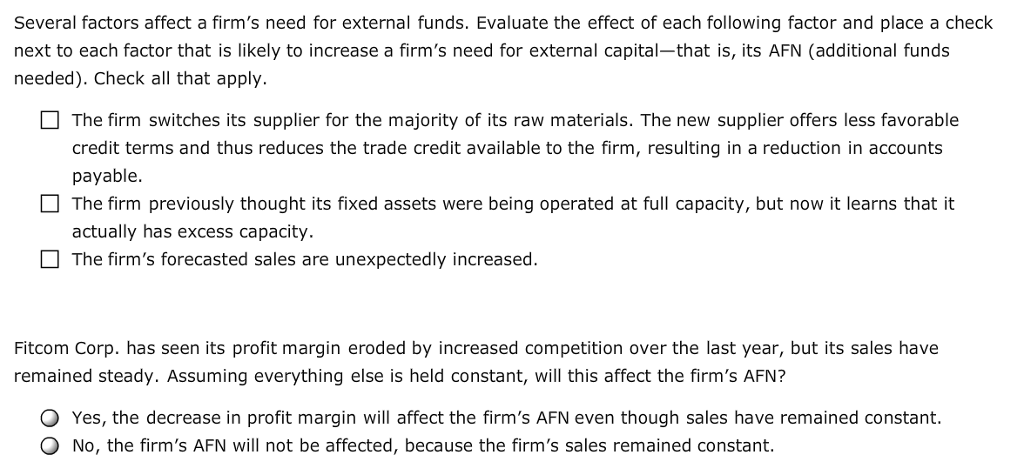 Several factors affect a firm's need for external | Chegg.com