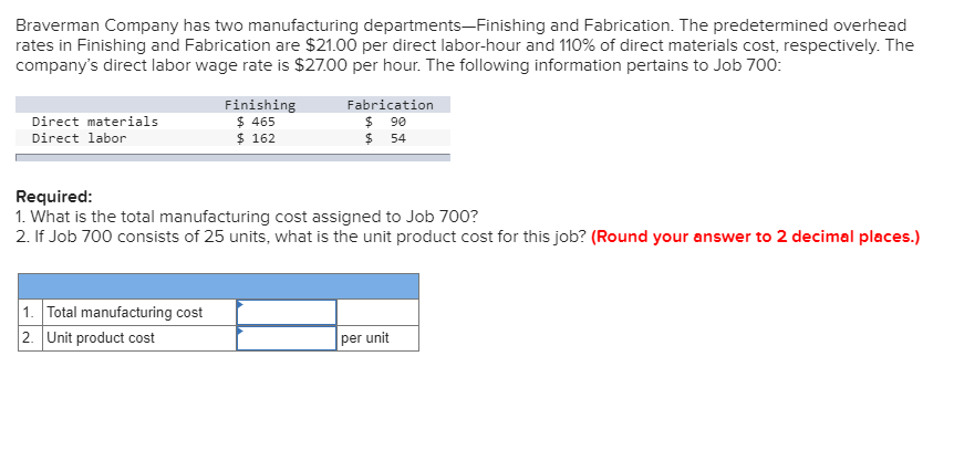 Solved Braverman Company has two manufacturing | Chegg.com