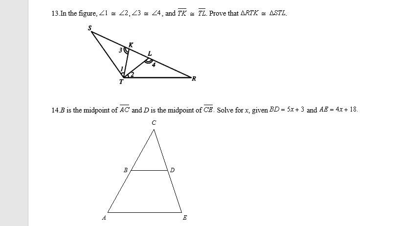 Solved In the figure, 1 2, 2 3 4, and TK = TL. Prove that | Chegg.com