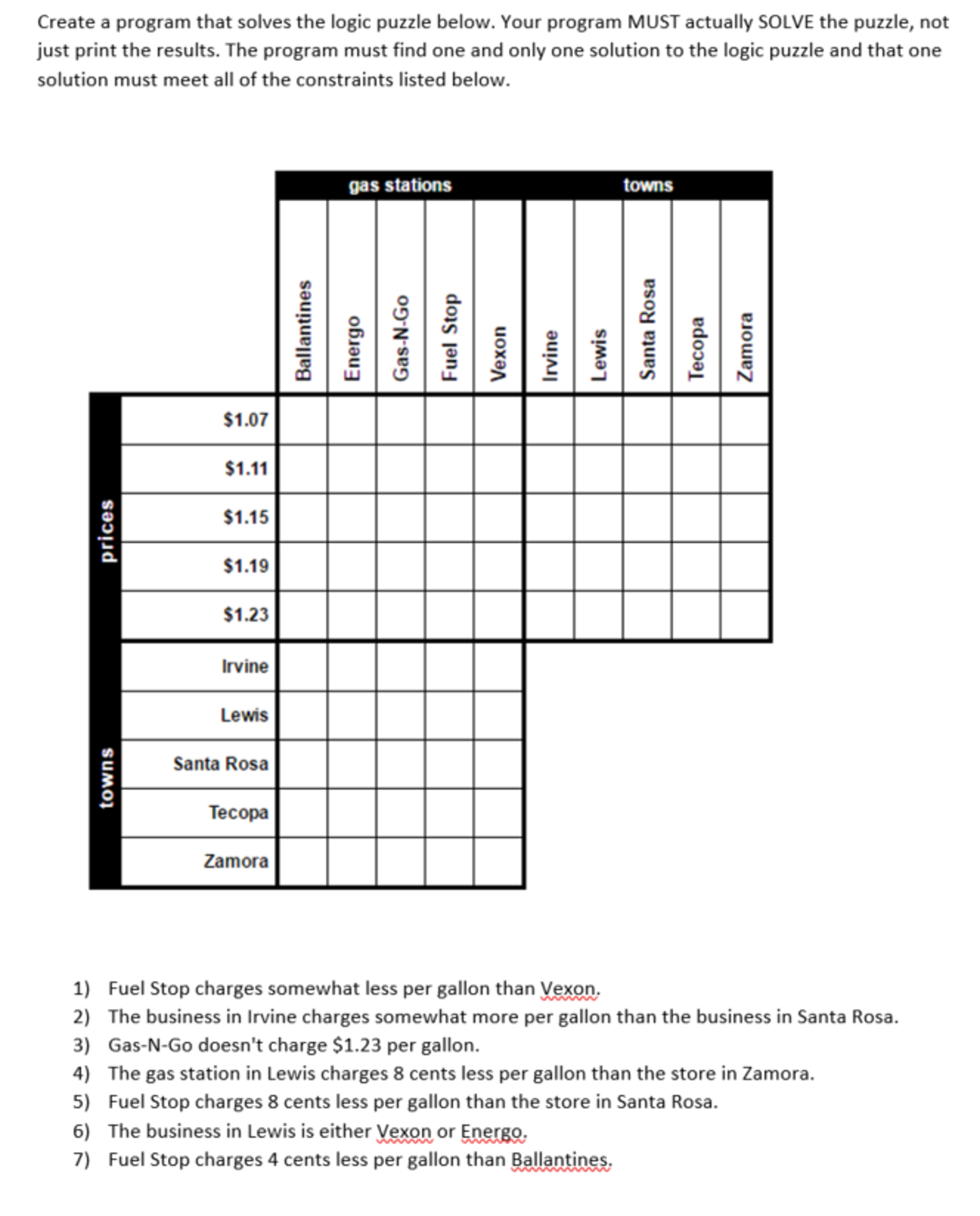 Create a program that solves the logic puzzle below. | Chegg.com