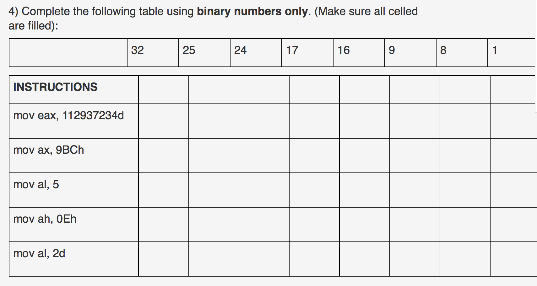 Solved Complete The Following Table Using Binary Numbers | Chegg.com