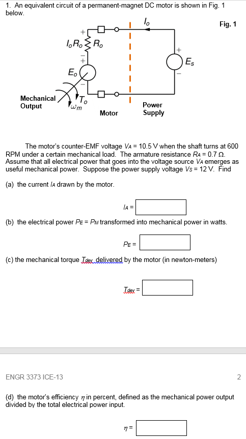 Solved The motor’s counter-EMF voltage VA = 10.5 V when the | Chegg.com