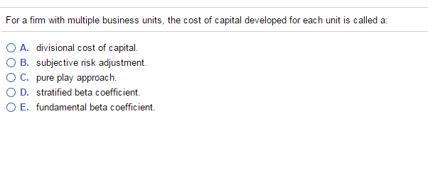 Solved For a firm with multiple business units, the cost of | Chegg.com
