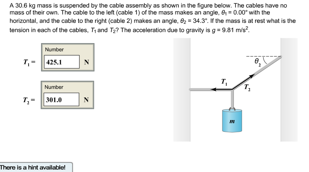Solved A 30.6 kg mass is suspended by the cable assembly as