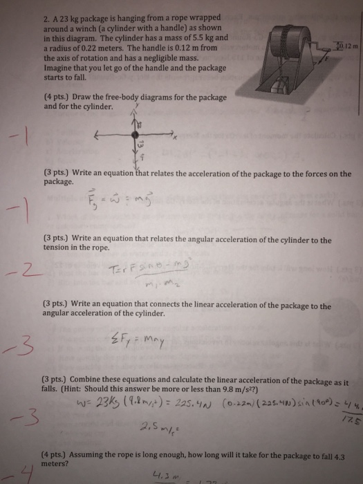 Solved 2. A 23 kg package is hanging from a rope wrapped | Chegg.com