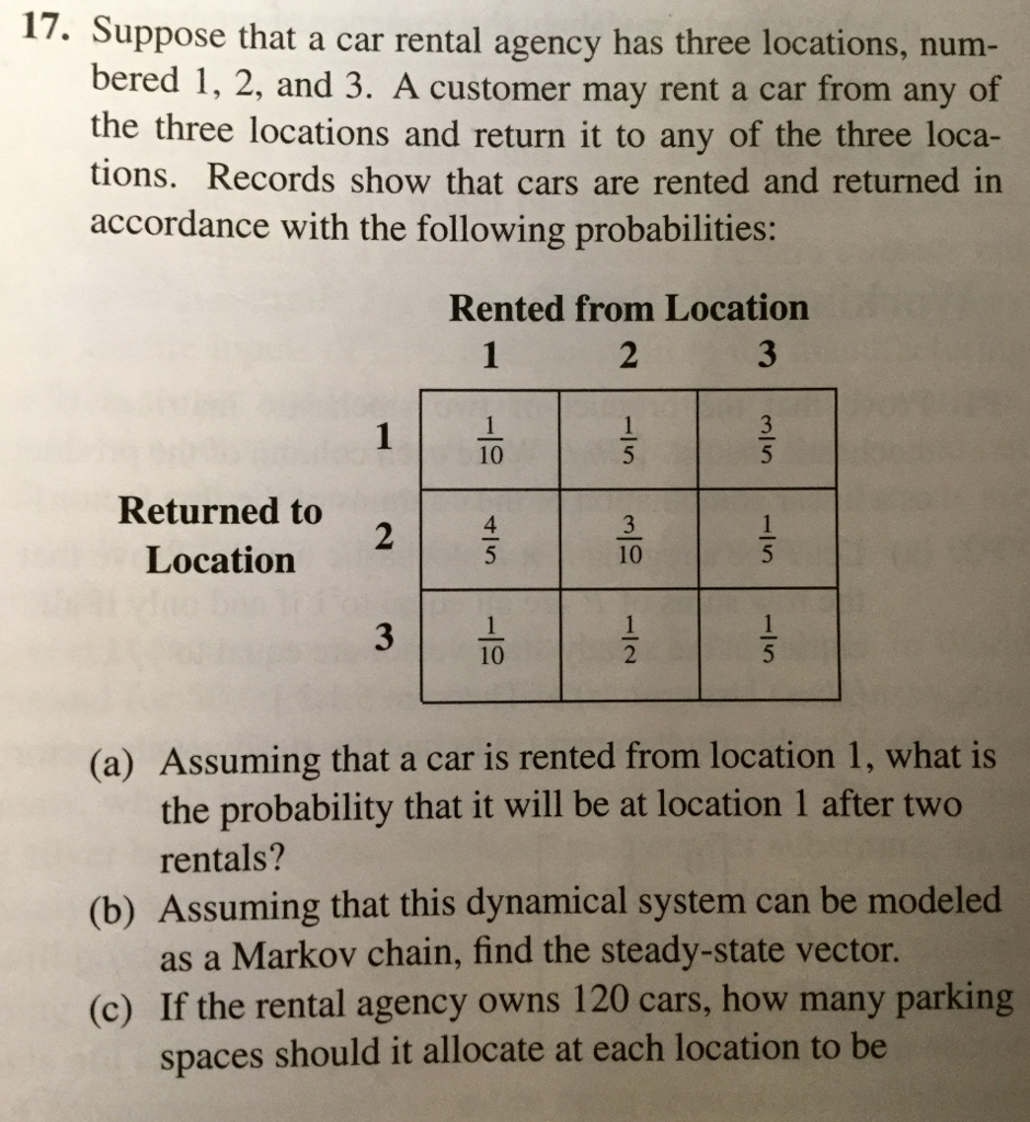 Solved Suppose that a car rental agency has three locations,